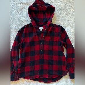 L.L. Bean Red and Navy Buffalo Plaid Hooded Shirt with pockets